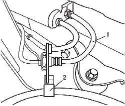 Расположение задних тормозных шлангов (1) и зажима (2) крепления троса стояночного тормоза
