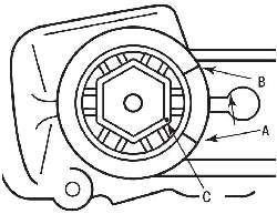 Расположение меток (А, В, С) для регулировки упора зубчатой рейки