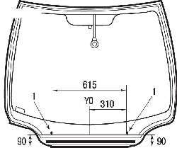 Размеры для установки прокладок (1) на ветровое стекло