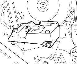Расположение болтов (1) крепления промежуточной опоры двигателя (2)