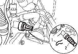 Расположение фиксатора (1) сливной пробки (2) охлаждающей жидкости