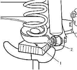 Использование гидравлической стойки (1) для сжатия пружины перед выворачиванием гайки и болта (2) нижнего крепления амортизатора