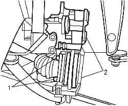Расположение болтов (1) крепления суппорта (2) переднего тормоза