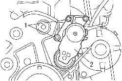 Расположение болтов (1) крепления натяжного ролика (2) ремня привода навесных агрегатов