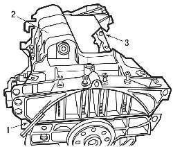 Расположение направляющего штифта (3) масляного поддона (2) и место прикладывания металлической линейки (1)