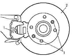 Расположение тормозных колодок и болтов (1) крепления заднего тормозного диска (2)