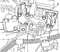 Расположение болта (1) крепления жгута проводов к блоку (2) выхода охлаждающей жидкости