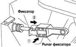 Блокировка фиксатора троса выбора передачи (со стороны рычага селектора)