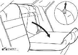 Направления вытягивания кнопки блокировки и откидывания спинки заднего сиденья