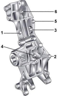 Расположение и последовательность затяжки (1–6) болтов крепления кронштейна генератора, насоса гидроусилителя рулевого управления и вентилятора.