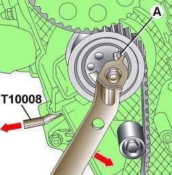 Направление поворота эксцентрика натяжного ролика до упора (А) для извлечения блокирующего стержня T10008