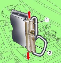 Направление ослабления зажимов электрических разъемов (1 и 2) электронного блока управления двигателем