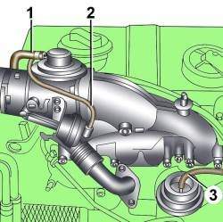 Места подсоединения шлангов избыточного давления (1), клапана разрежения (2) впускного коллектора и камеры регулировки давления наддува (3)