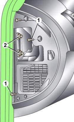Расположение болтов (1) и гаек (2) крепления левой стороны панели приборов