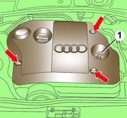 Расположение указателя (щупа) (1) уровня масла и гаек крепления кожуха двигателя на четырехцилиндровом дизельном двигателе TDI с насос-форсунками