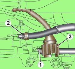 Расположение гайки (3) фиксации электрического разъема и топливных шлангов (1 и 2)