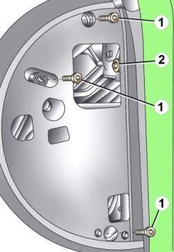 Расположение болтов (1) и гаек (2) крепления правой стороны панели приборов