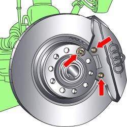 Расположение болтов крепления внешних тормозных колодок и тормозного диска