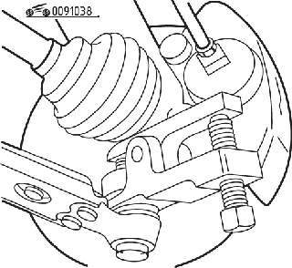 Использование приспособления КМ-507-В для выпрессовки из поворотного кулака цапфы шарового шарнира нижнего рычага передней подвески