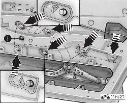 Расположение болтов крепления стеклоподъемника (стекло полностью опущено)