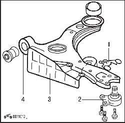 Поперечный рычаг передней подвески 1 – стопорная пластина; 2 – нижняя шаровая опора; 3 – дефлектор; 4 – поперечный рычаг