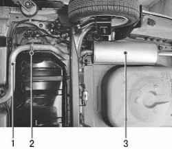 Расположение элементов системы выпуска отработавших газов в задней части автомобиля