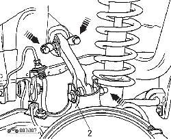 Болты (1) крепления верхней тяги к кузову и продольному рычагу (2)