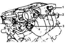 Расположение датчика (1) абсолютного давления во впускном коллекторе, датчика (2) положения дроссельной заслонки и привода (3) регулировки частоты вращения коленчатого вала двигателя на холостом ходу
