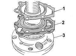 Установка крышки подшипника (1) и прокладки (2) на вал полуоси (3)