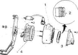 31.6б Детали фильтра воздушного клапана двигателя V61. Крышка2. Ограничитель3. Корпус язычкового клапана4. Фильтрующий элемент